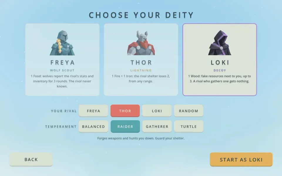 Ironveil deity selection screen showing Freya, Thor and Loki