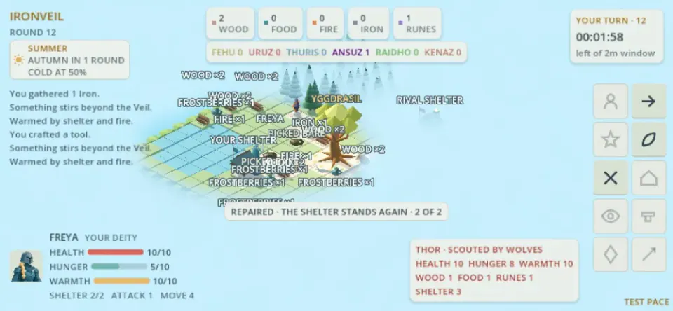 Wide Ironveil gameplay capture showing the island and its resource controls